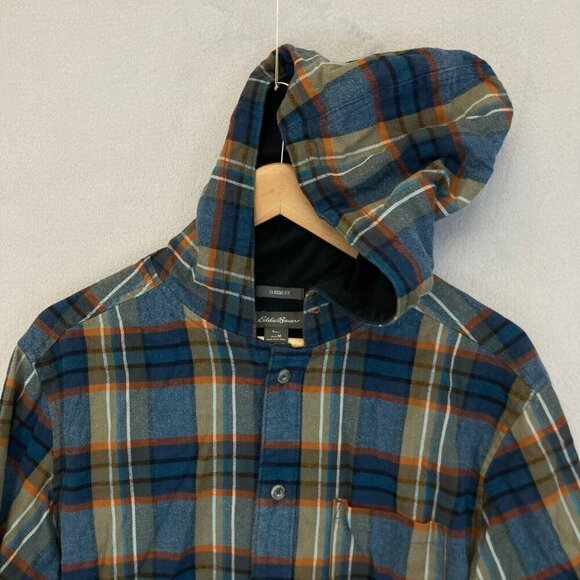Eddie Bauer Flannel Shirt Jacket Shacket Mens Medium M Classic Fit Hooded Plaid - Picture 6 of 16